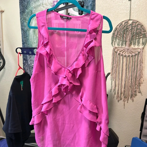 Metro Tops - Pink Metro Now Crisscross Flowey Ruffle sleeveless blouse Size 14